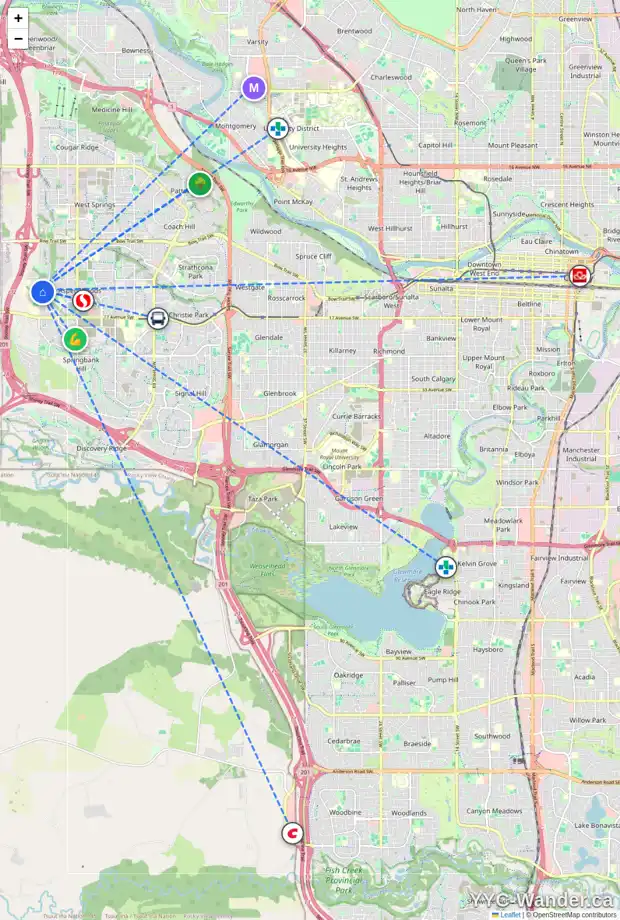 Daily accessibility map for 1544 93 ST SW, Calgary showing nearby schools, grocery stores, parks, LRT stations and nearby amenities