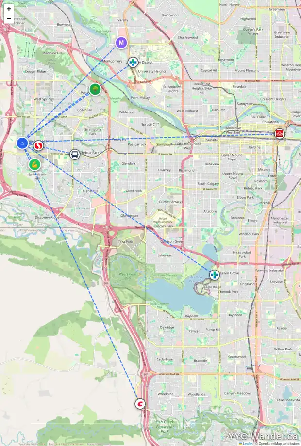 Daily accessibility map for 19 ASPEN HILLS WY SW, Calgary showing nearby schools, grocery stores, parks, LRT stations and nearby amenities