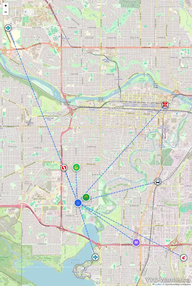 Daily accessibility map for 2040 49 AV SW, Calgary showing nearby schools, grocery stores, parks, LRT stations and nearby amenities