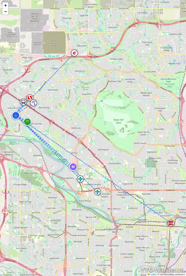 Daily accessibility map for 121 SCANDIA HL NW, Calgary showing nearby schools, grocery stores, parks, LRT stations and nearby amenities