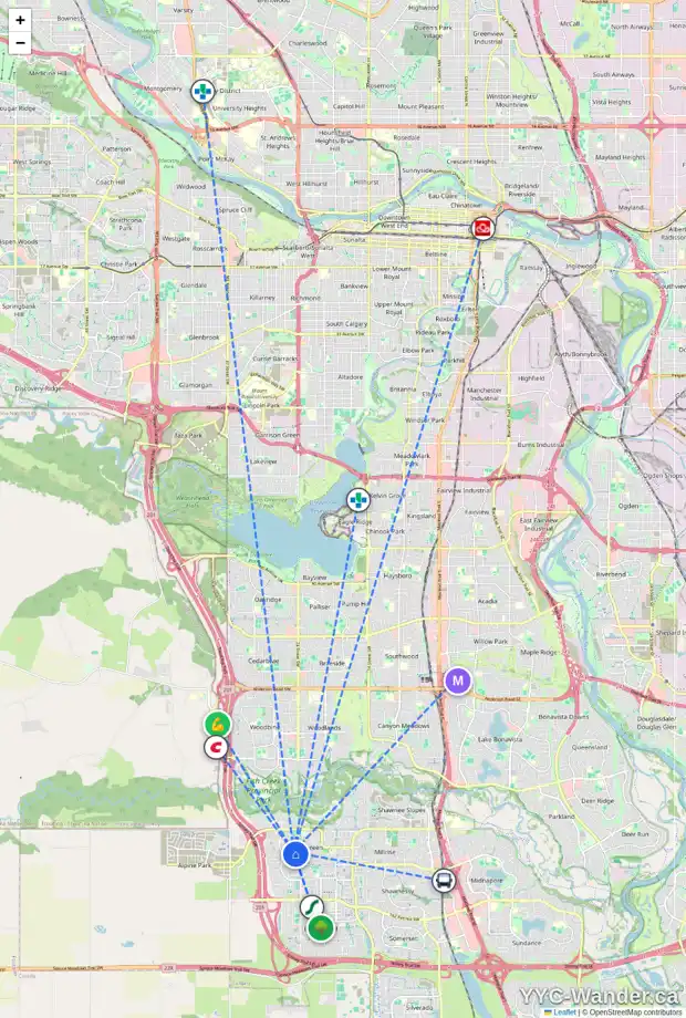 Daily accessibility map for 86 EVERHOLLOW AV SW, Calgary showing nearby schools, grocery stores, parks, LRT stations and nearby amenities