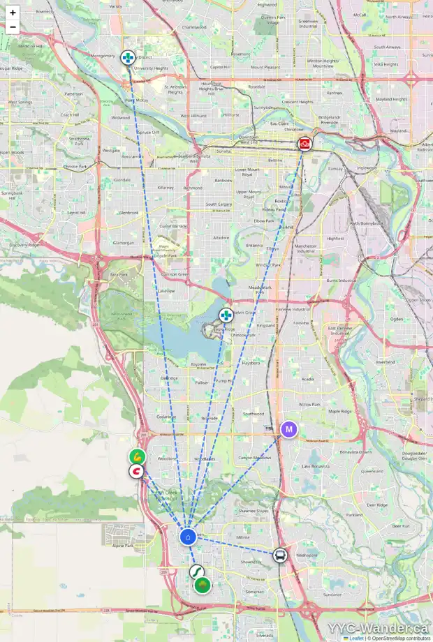 Daily accessibility map for 26 EVERHOLLOW MR SW, Calgary showing nearby schools, grocery stores, parks, LRT stations and nearby amenities
