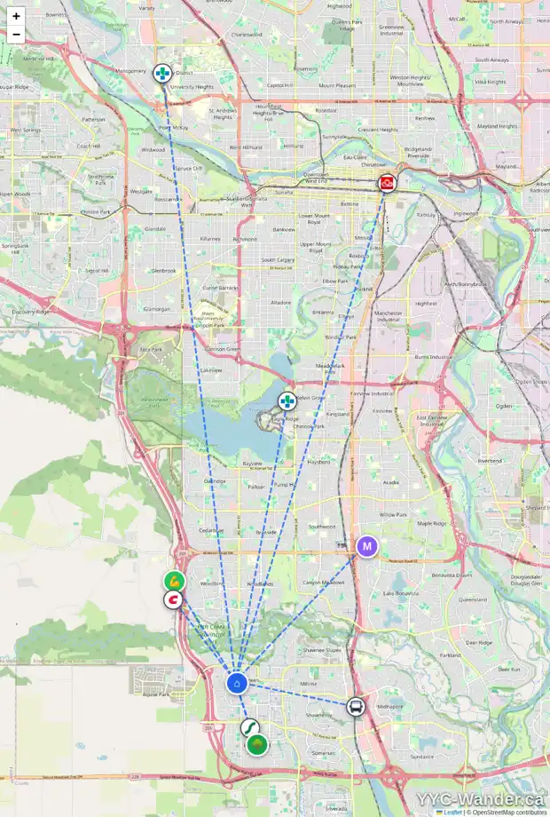 Daily accessibility map for 42 EVERHOLLOW MR SW, Calgary showing nearby schools, grocery stores, parks, LRT stations and nearby amenities