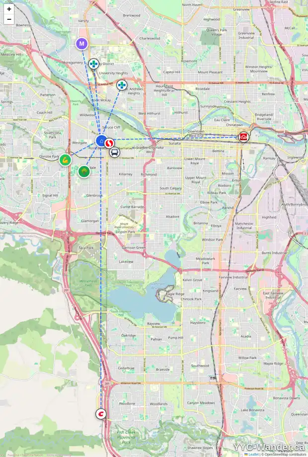 Daily accessibility map for 904 40 ST SW, Calgary showing nearby schools, grocery stores, parks, LRT stations and nearby amenities