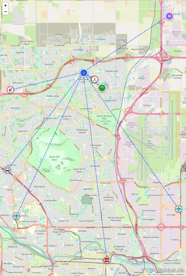 Daily accessibility map for 1872 PANATELLA BV NW, Calgary showing nearby schools, grocery stores, parks, LRT stations and nearby amenities