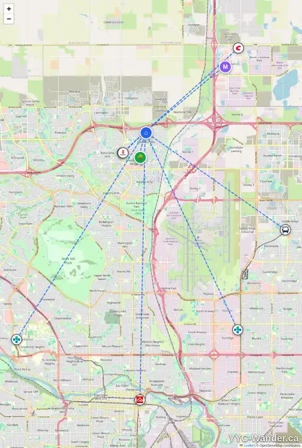 Daily accessibility map for 305 COVECREEK CL NE, Calgary showing nearby schools, grocery stores, parks, LRT stations and nearby amenities