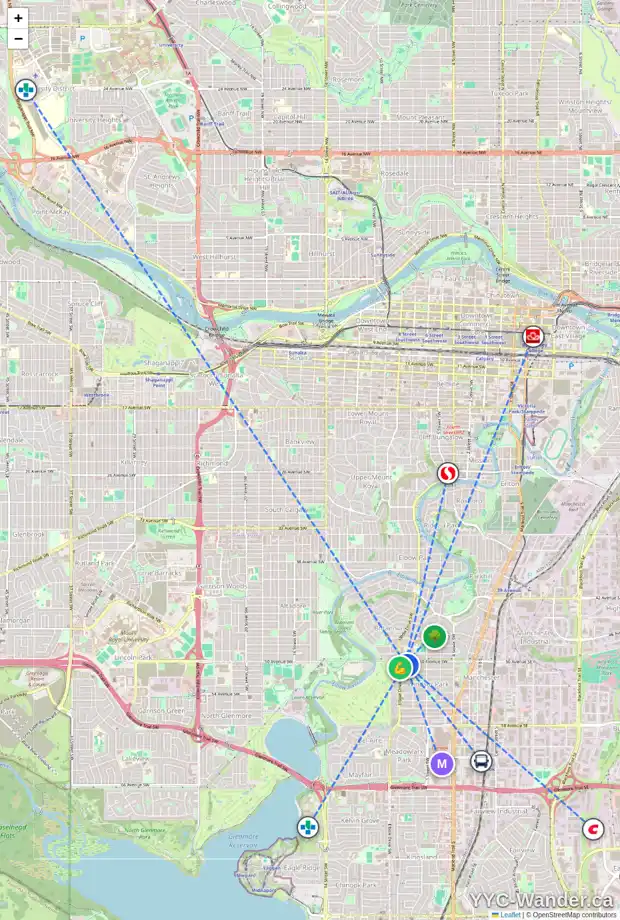 Daily accessibility map for 725 50 AV SW, Calgary showing nearby schools, grocery stores, parks, LRT stations and nearby amenities
