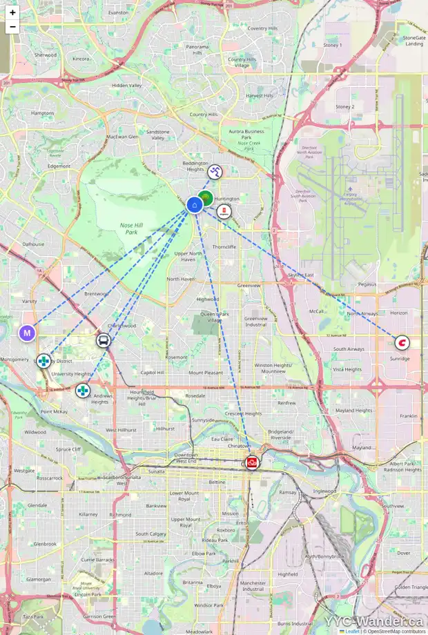Daily accessibility map for 1 7420 HUNTERVIEW DR NW, Calgary showing nearby schools, grocery stores, parks, LRT stations and nearby amenities