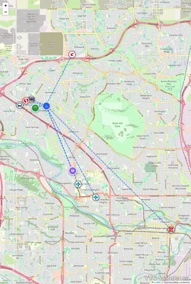 Daily accessibility map for 232 RANCHRIDGE BA NW, Calgary showing nearby schools, grocery stores, parks, LRT stations and nearby amenities