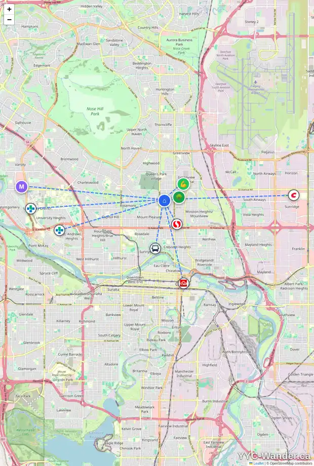 Daily accessibility map for 429 28 AV NW, Calgary showing nearby schools, grocery stores, parks, LRT stations and nearby amenities