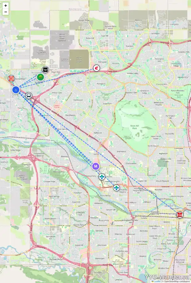 Daily accessibility map for 14 TUSCANY SUMMIT GR NW, Calgary showing nearby schools, grocery stores, parks, LRT stations and nearby amenities