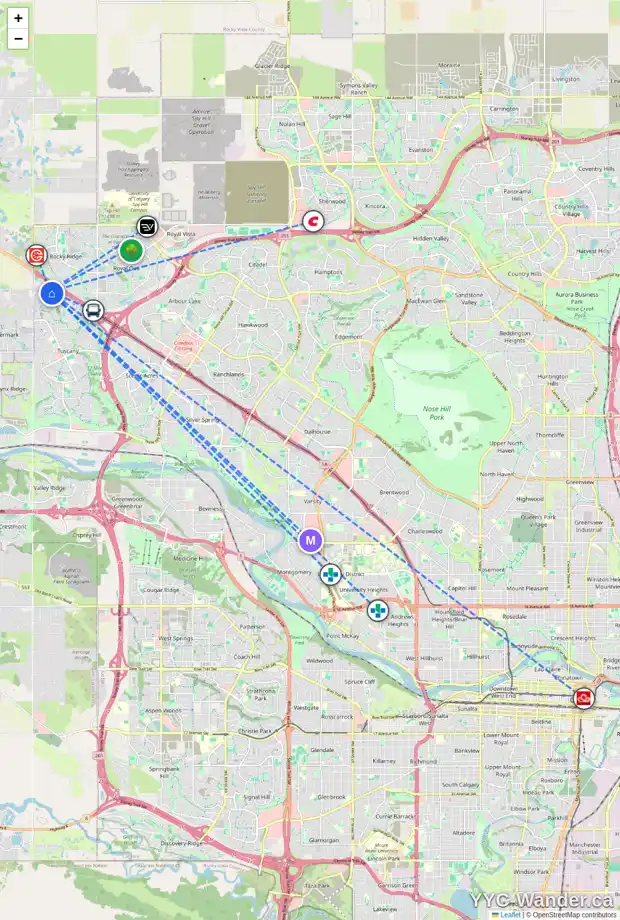 Daily accessibility map for 91 TUSCANY SUMMIT BA NW, Calgary showing nearby schools, grocery stores, parks, LRT stations and nearby amenities