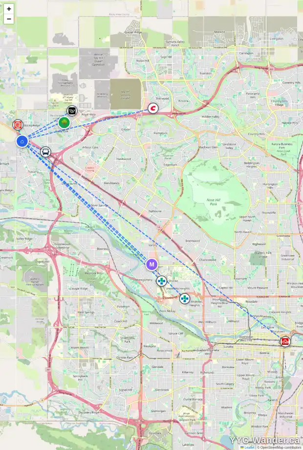 Daily accessibility map for 126 TUSCANY SUMMIT HE NW, Calgary showing nearby schools, grocery stores, parks, LRT stations and nearby amenities