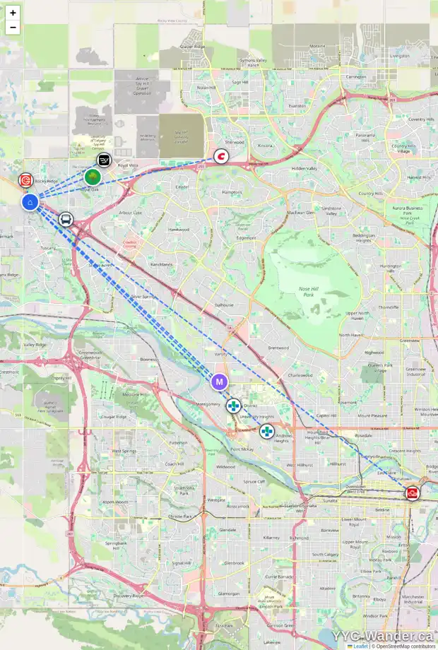 Daily accessibility map for 151 TUSCANY SUMMIT HE NW, Calgary showing nearby schools, grocery stores, parks, LRT stations and nearby amenities