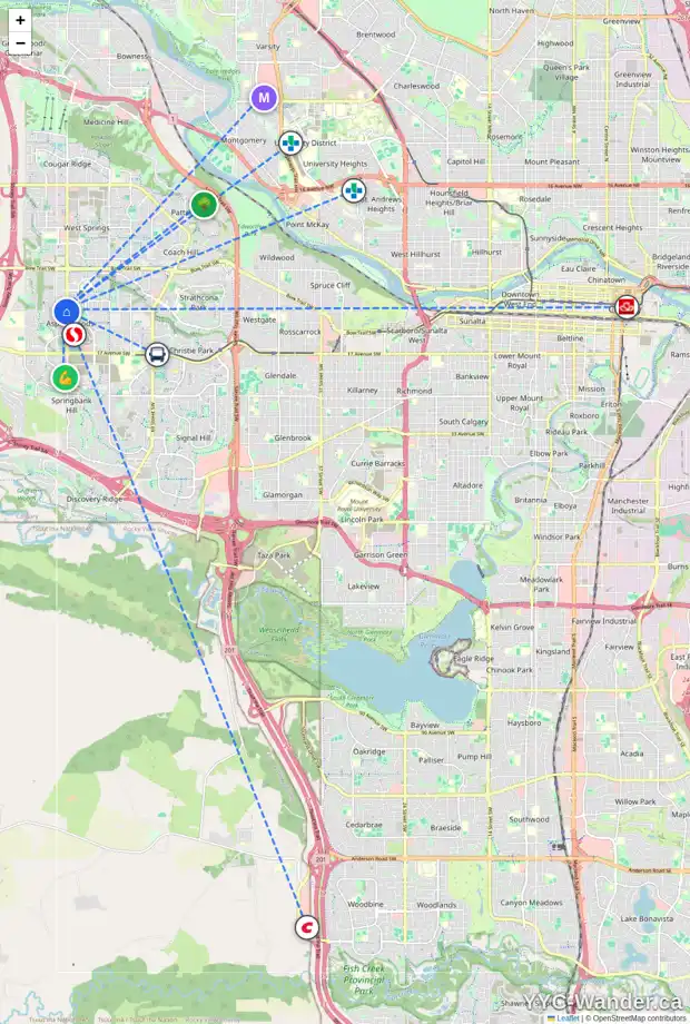 Daily accessibility map for 109 ASPEN STONE PL SW, Calgary showing nearby schools, grocery stores, parks, LRT stations and nearby amenities