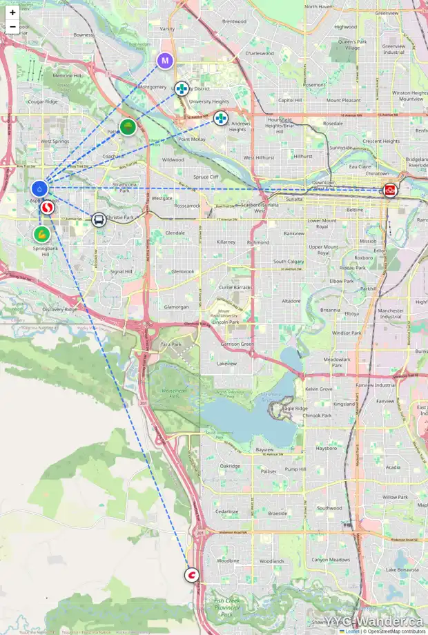 Daily accessibility map for 42 ASPEN STONE MR SW, Calgary showing nearby schools, grocery stores, parks, LRT stations and nearby amenities