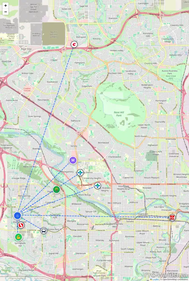 Daily accessibility map for 70 ASPEN STONE MR SW, Calgary showing nearby schools, grocery stores, parks, LRT stations and nearby amenities