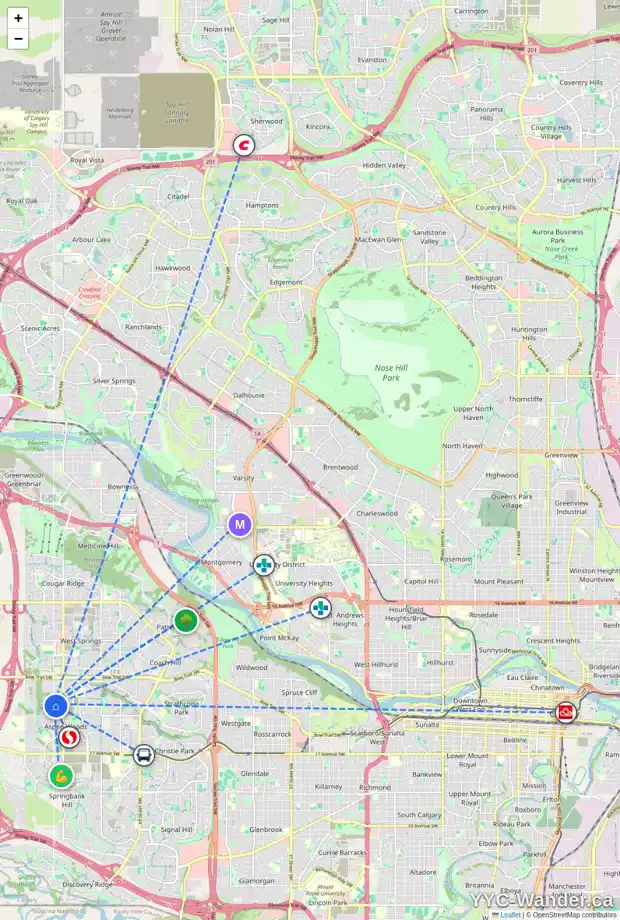 Daily accessibility map for 71 ASPEN STONE MR SW, Calgary showing nearby schools, grocery stores, parks, LRT stations and nearby amenities
