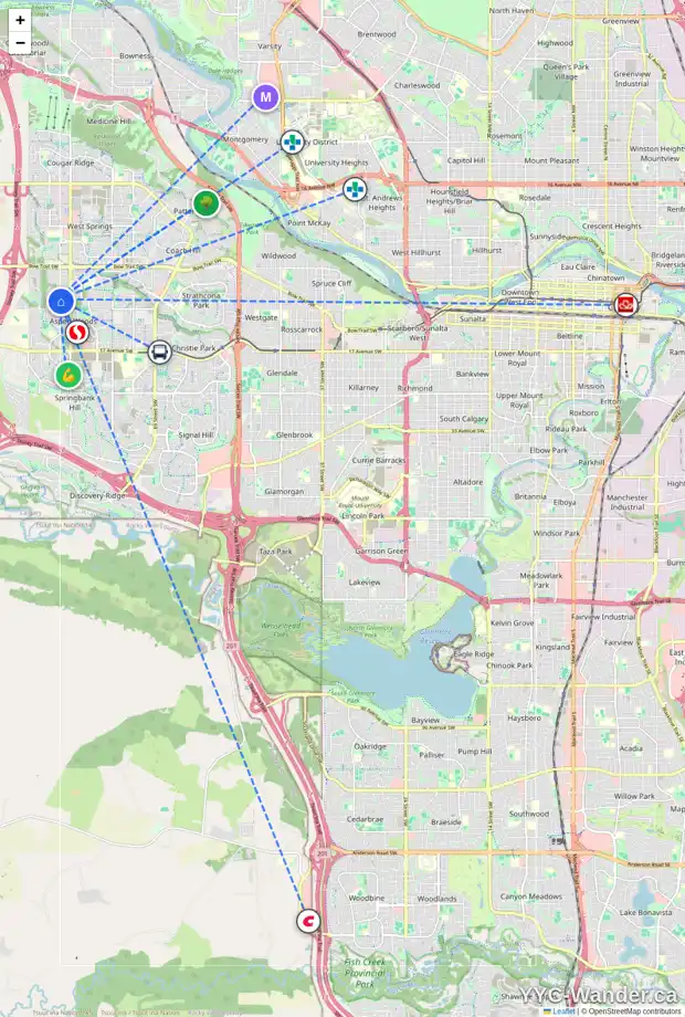 Daily accessibility map for 52 ASPEN STONE WY SW, Calgary showing nearby schools, grocery stores, parks, LRT stations and nearby amenities