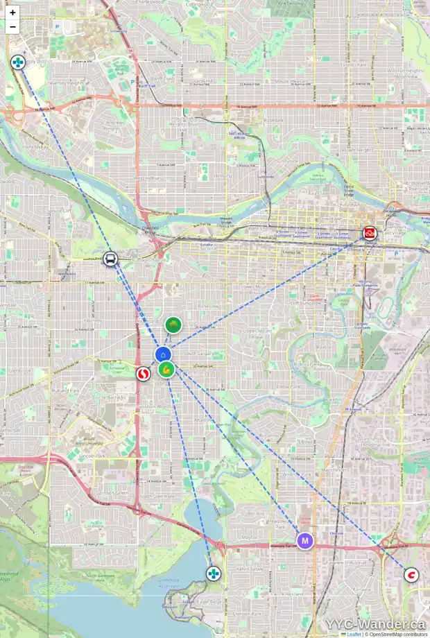 Daily accessibility map for 2140 31 AV SW, Calgary showing nearby schools, grocery stores, parks, LRT stations and nearby amenities