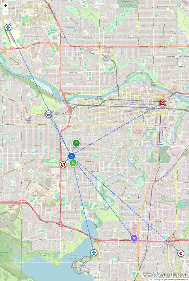 Daily accessibility map for 3130 21 ST SW, Calgary showing nearby schools, grocery stores, parks, LRT stations and nearby amenities