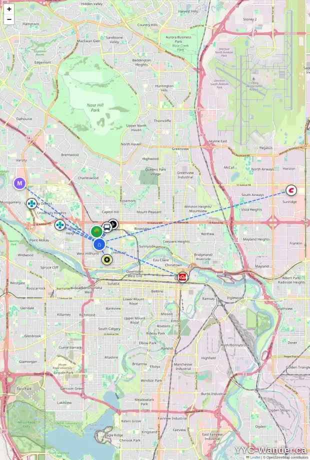 Daily accessibility map for 2109 7 AV NW, Calgary showing nearby schools, grocery stores, parks, LRT stations and nearby amenities