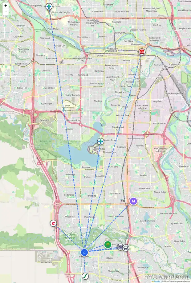 Daily accessibility map for 196 EVERBROOK WY SW, Calgary showing nearby schools, grocery stores, parks, LRT stations and nearby amenities