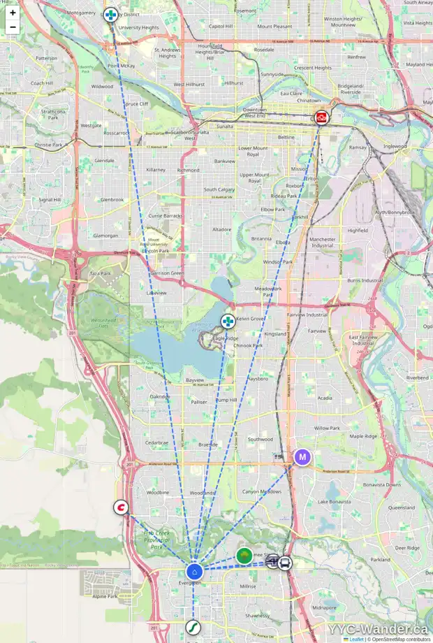 Daily accessibility map for 244 EVERBROOK WY SW, Calgary showing nearby schools, grocery stores, parks, LRT stations and nearby amenities