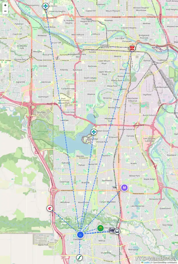 Daily accessibility map for 256 EVERBROOK WY SW, Calgary showing nearby schools, grocery stores, parks, LRT stations and nearby amenities