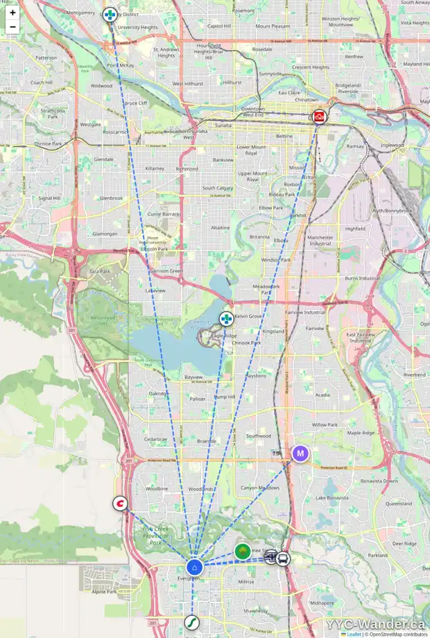 Daily accessibility map for 260 EVERBROOK WY SW, Calgary showing nearby schools, grocery stores, parks, LRT stations and nearby amenities