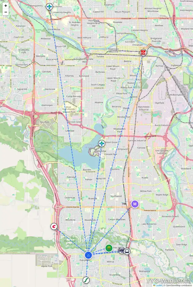 Daily accessibility map for 284 EVERBROOK WY SW, Calgary showing nearby schools, grocery stores, parks, LRT stations and nearby amenities