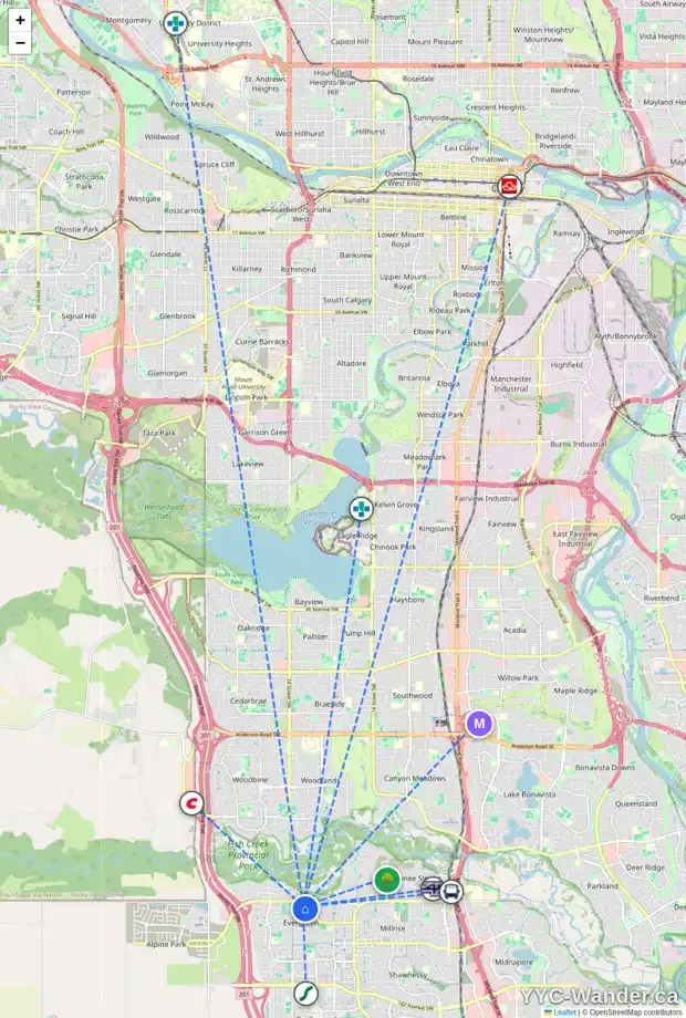 Daily accessibility map for 191 EVERBROOK WY SW, Calgary showing nearby schools, grocery stores, parks, LRT stations and nearby amenities