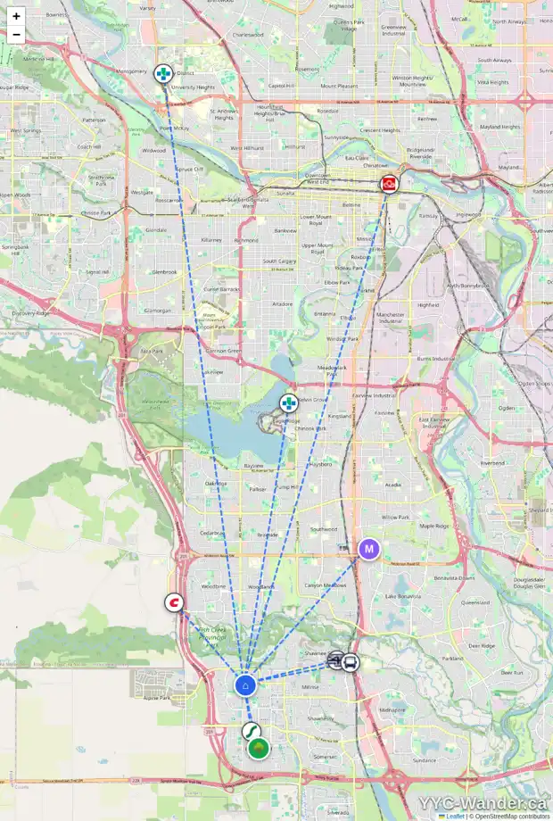 Daily accessibility map for 101 EVEROAK PA SW, Calgary showing nearby schools, grocery stores, parks, LRT stations and nearby amenities
