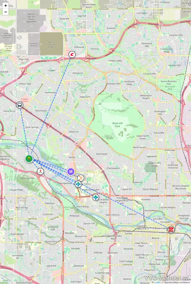 Daily accessibility map for 303 4327 75 ST NW, Calgary showing nearby schools, grocery stores, parks, LRT stations and nearby amenities