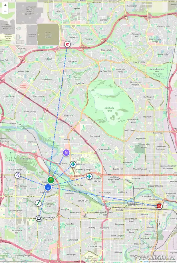 Daily accessibility map for 231 550 PROMINENCE RI SW, Calgary showing nearby schools, grocery stores, parks, LRT stations and nearby amenities