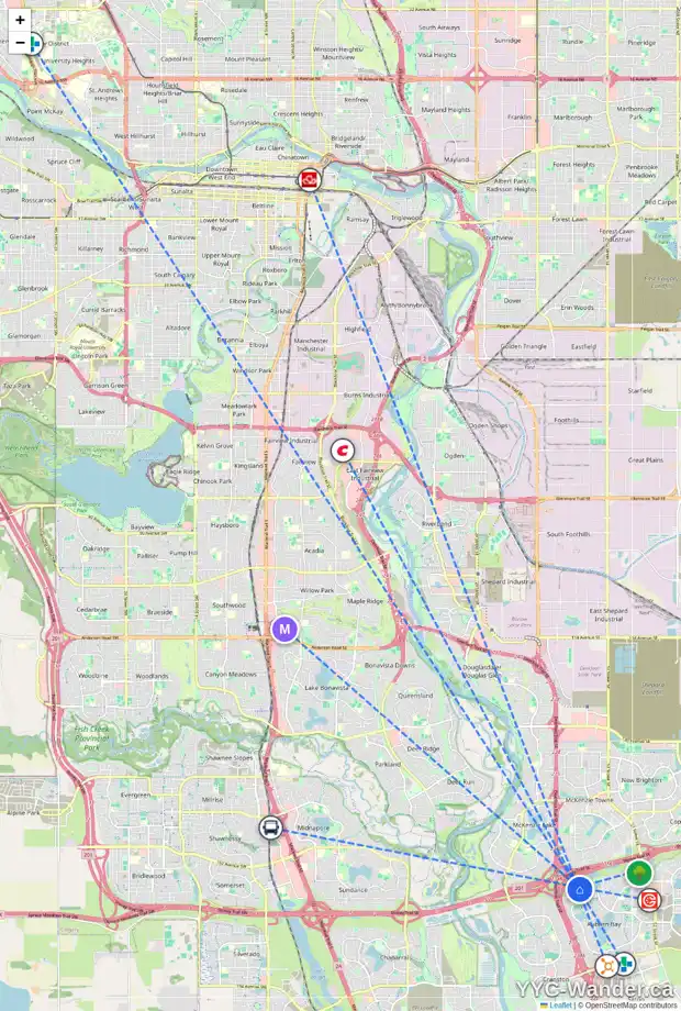 Daily accessibility map for 214 AUTUMN CI SE, Calgary showing nearby schools, grocery stores, parks, LRT stations and nearby amenities