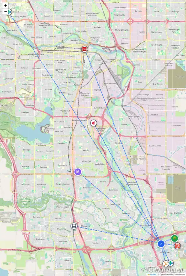 Daily accessibility map for 26 AUTUMN CI SE, Calgary showing nearby schools, grocery stores, parks, LRT stations and nearby amenities
