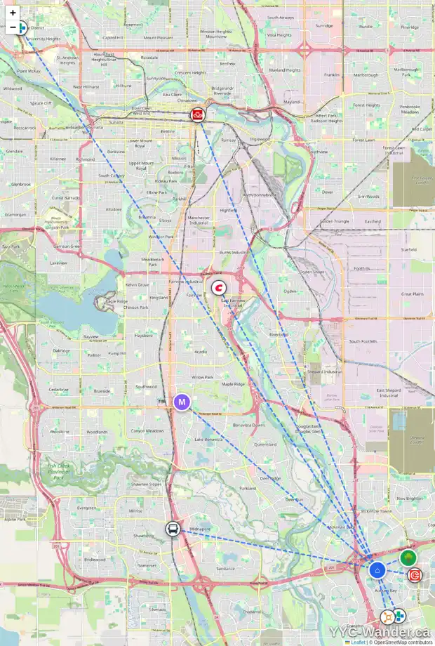 Daily accessibility map for 34 AUTUMN CI SE, Calgary showing nearby schools, grocery stores, parks, LRT stations and nearby amenities