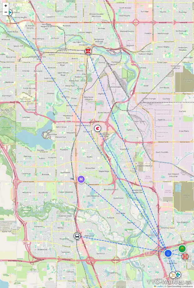 Daily accessibility map for 62 AUTUMN CI SE, Calgary showing nearby schools, grocery stores, parks, LRT stations and nearby amenities