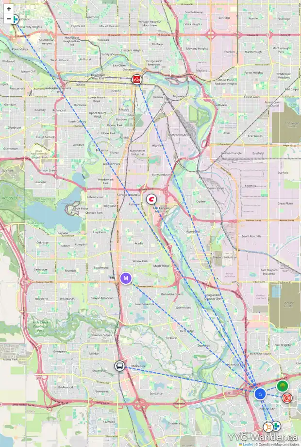 Daily accessibility map for 51 AUTUMN CI SE, Calgary showing nearby schools, grocery stores, parks, LRT stations and nearby amenities