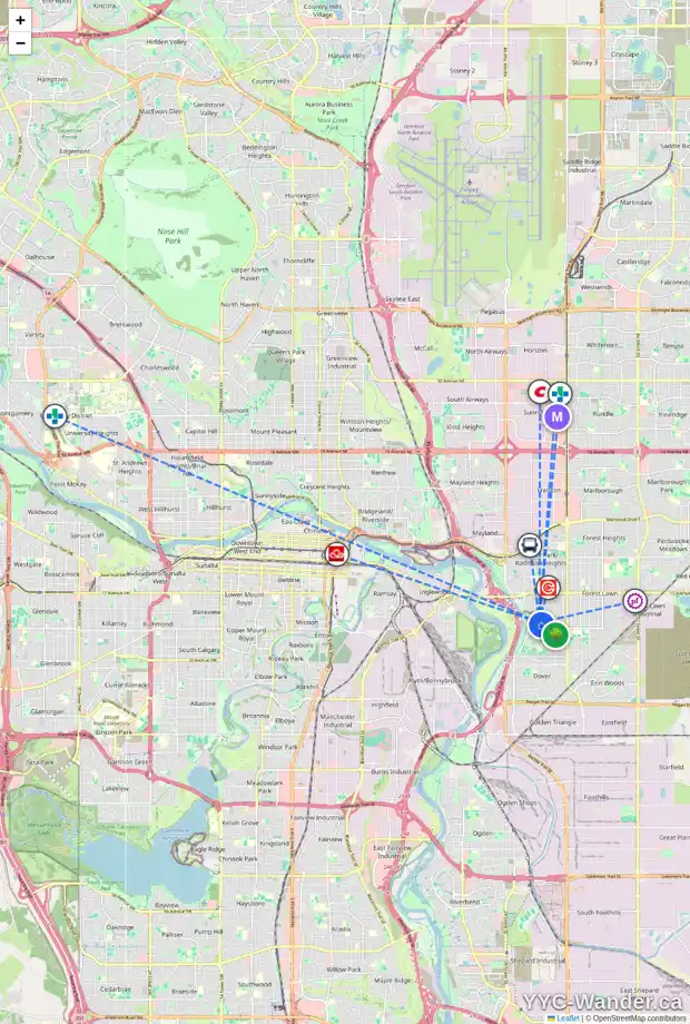 Daily accessibility map for 2439 ELMWOOD DR SE, Calgary showing nearby schools, grocery stores, parks, LRT stations and nearby amenities