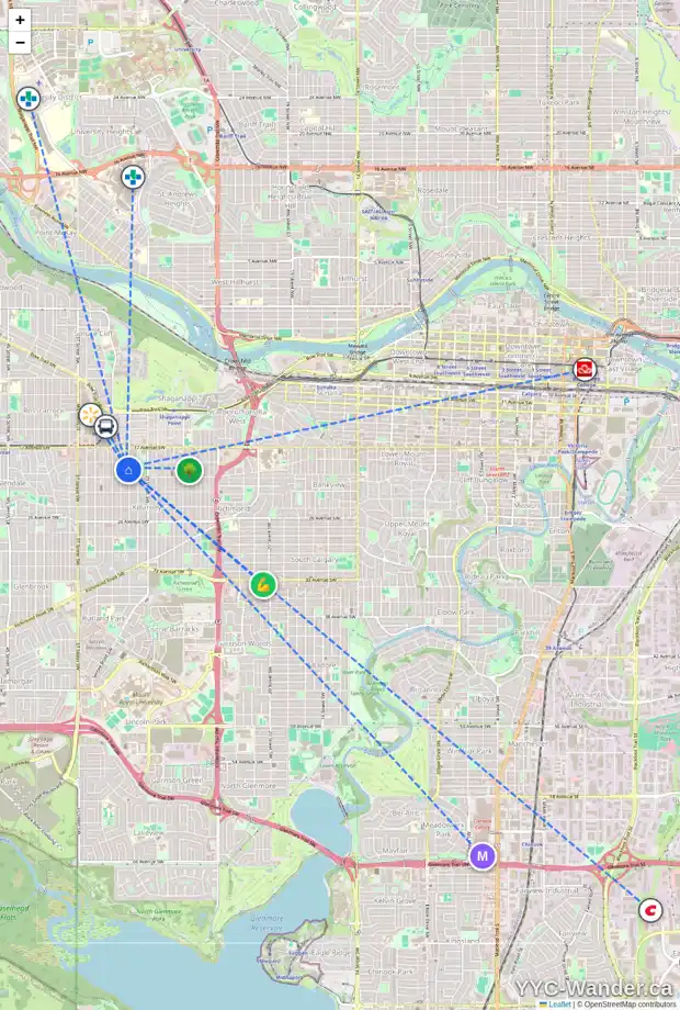 Daily accessibility map for 2015 31 ST SW, Calgary showing nearby schools, grocery stores, parks, LRT stations and nearby amenities