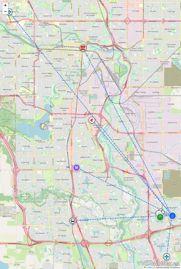 Daily accessibility map for 62 NEW BRIGHTON GR SE, Calgary showing nearby schools, grocery stores, parks, LRT stations and nearby amenities