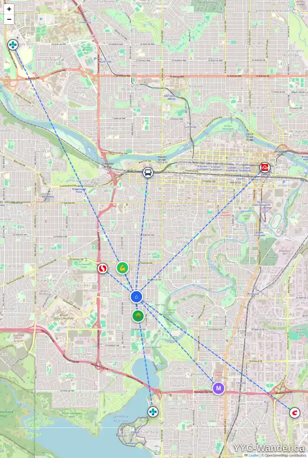 Daily accessibility map for 4220 18 ST SW, Calgary showing nearby schools, grocery stores, parks, LRT stations and nearby amenities