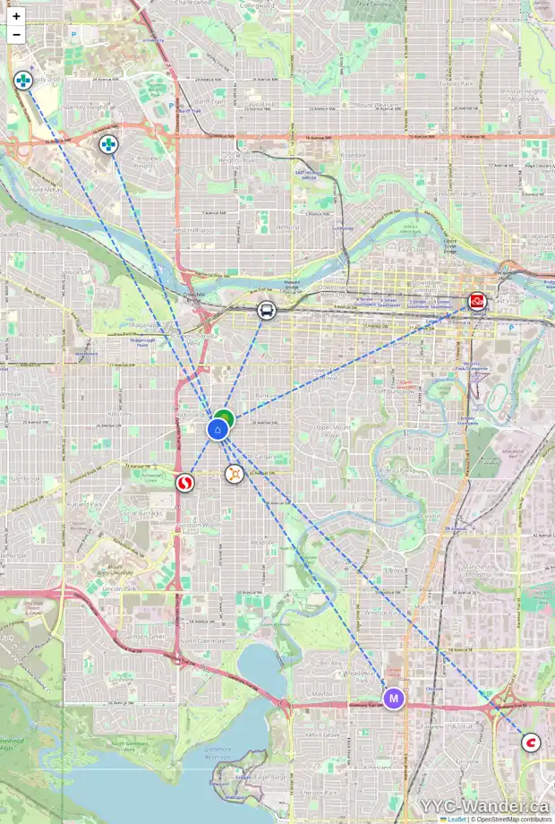 Daily accessibility map for 2112 27 AV SW, Calgary showing nearby schools, grocery stores, parks, LRT stations and nearby amenities