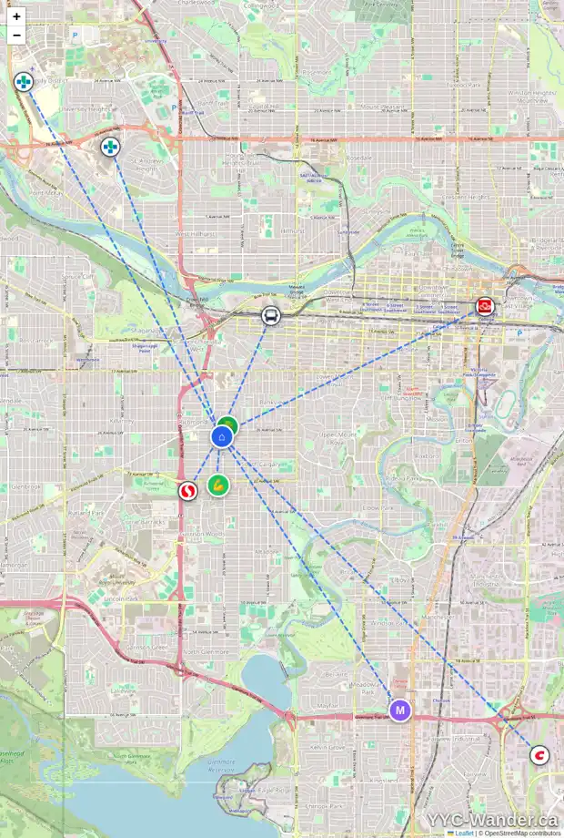 Daily accessibility map for 2110 27 AV SW, Calgary showing nearby schools, grocery stores, parks, LRT stations and nearby amenities
