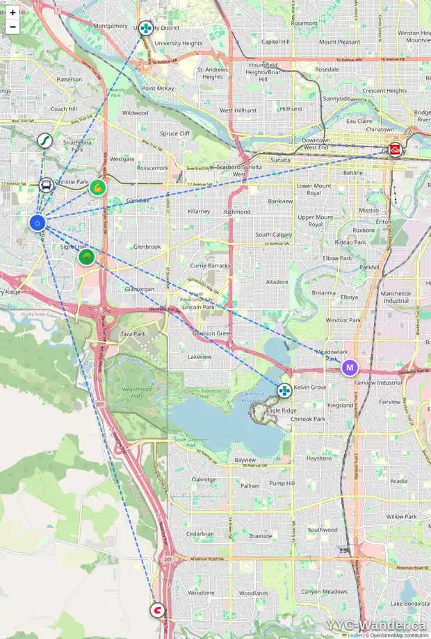 Daily accessibility map for 71 ELYSIAN CR SW, Calgary showing nearby schools, grocery stores, parks, LRT stations and nearby amenities