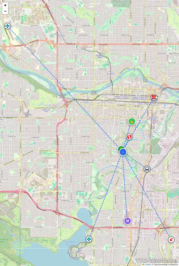 Daily accessibility map for 912 RIDEAU RD SW, Calgary showing nearby schools, grocery stores, parks, LRT stations and nearby amenities