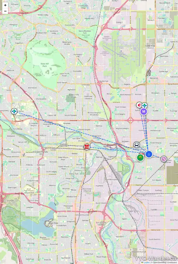 Daily accessibility map for 1509 38 ST SE, Calgary showing nearby schools, grocery stores, parks, LRT stations and nearby amenities