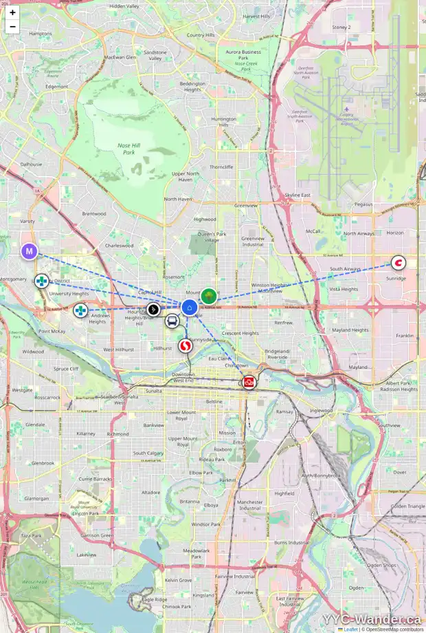 Daily accessibility map for 704 1022 16 AV NW, Calgary showing nearby schools, grocery stores, parks, LRT stations and nearby amenities